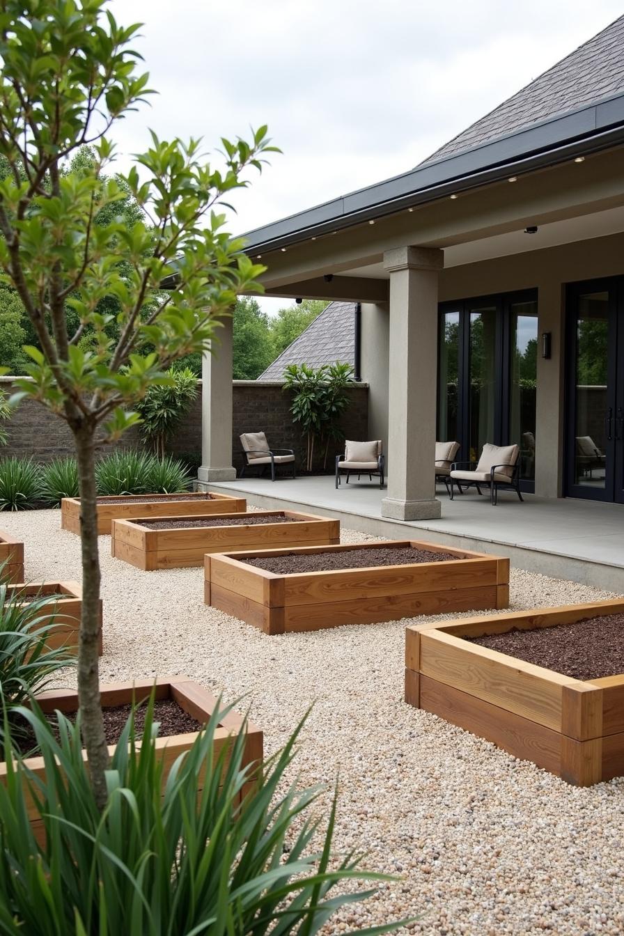 Wooden raised garden beds on gravel patio