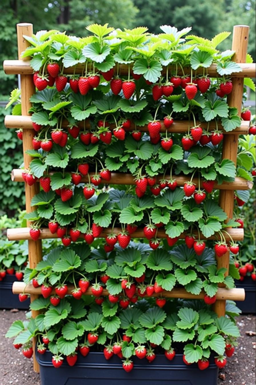 Vertical strawberry planter with lush greenery and red berries