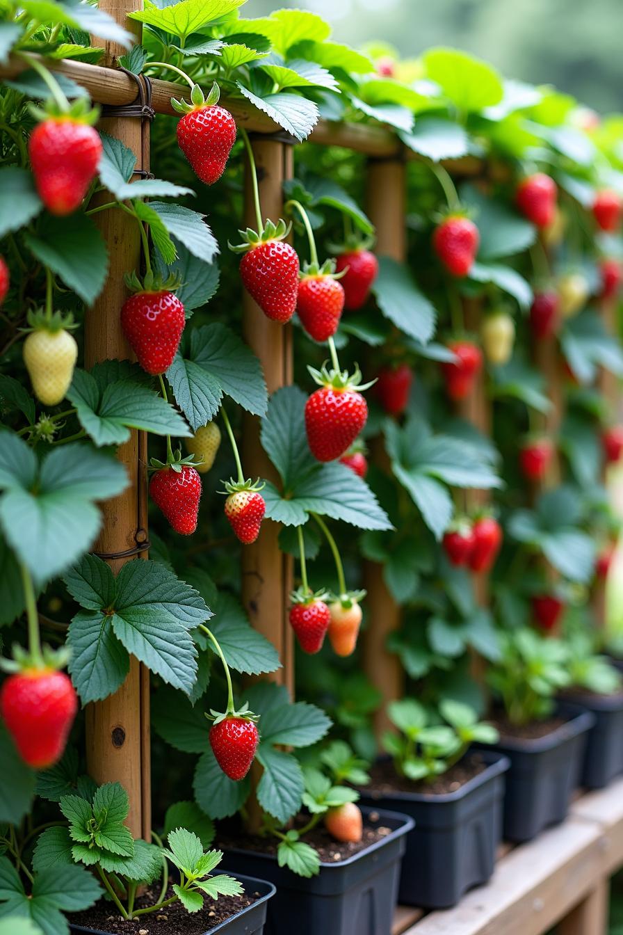 Vertical strawberry garden with ripe fruits