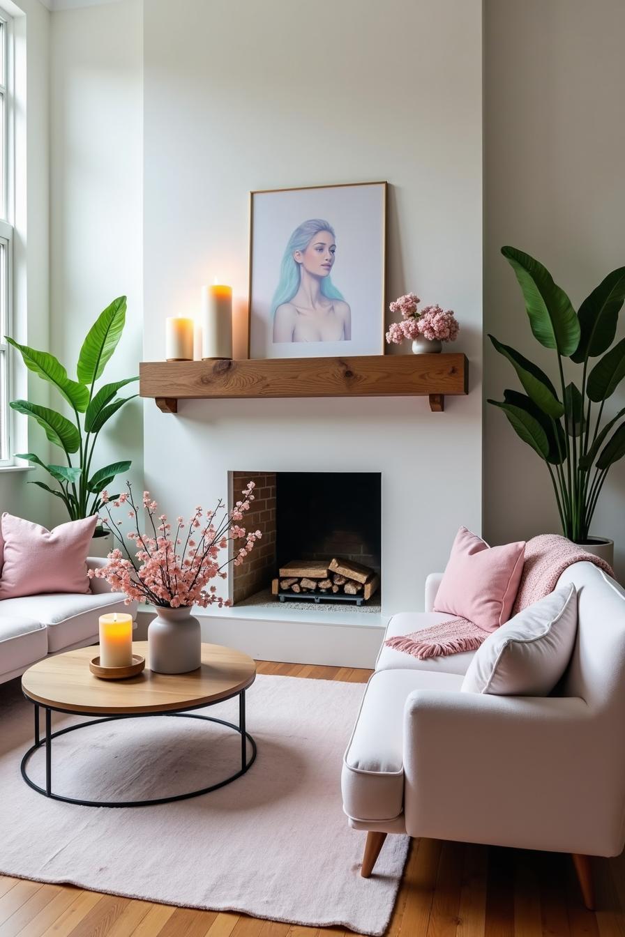 Cozy living room with soft pink accents and a wooden mantel