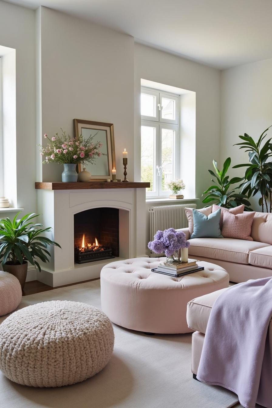 Plush, pastel living room with a spring fireplace setup