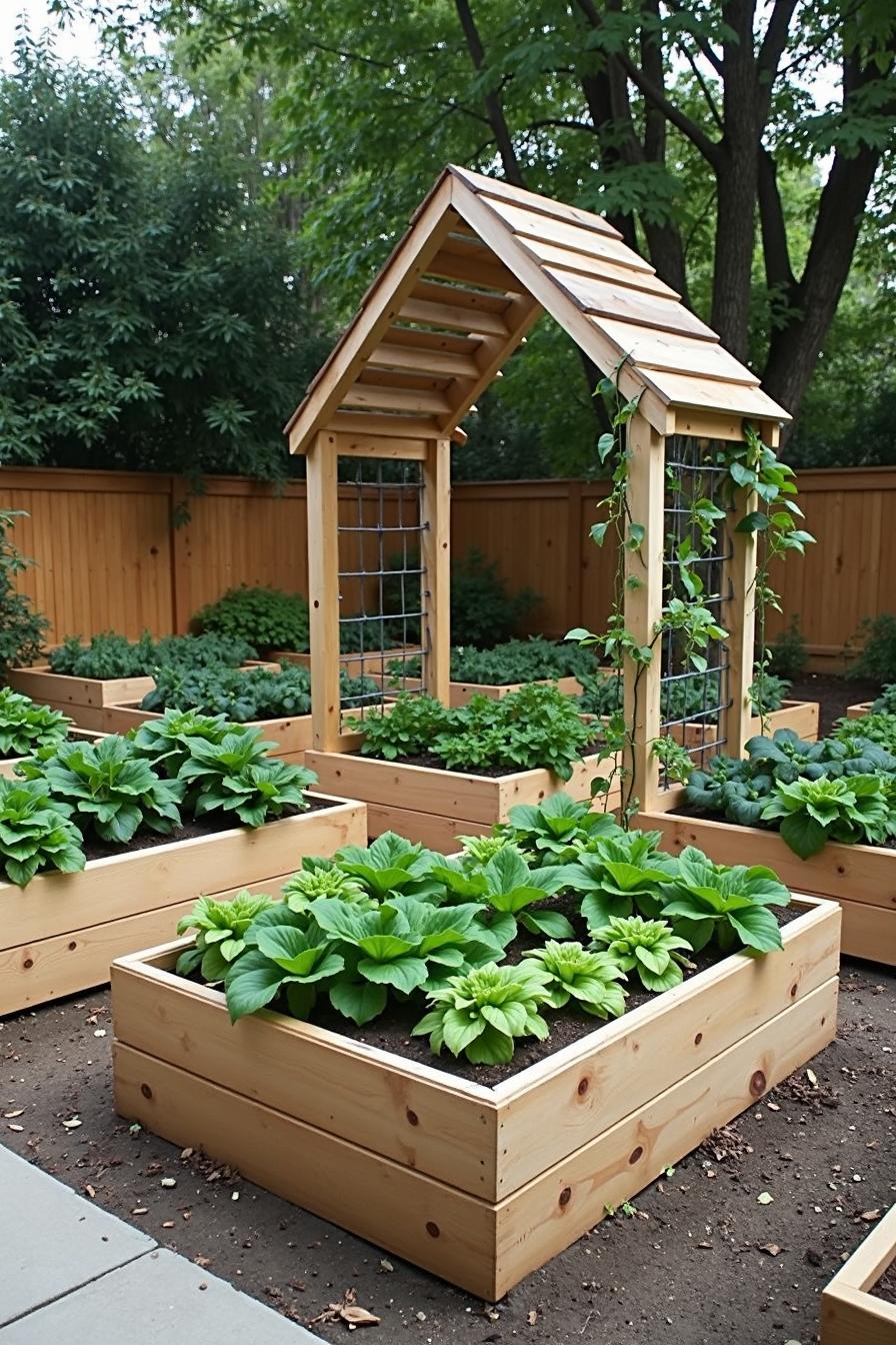 Wooden raised beds with vegetables and a charming arch trellis