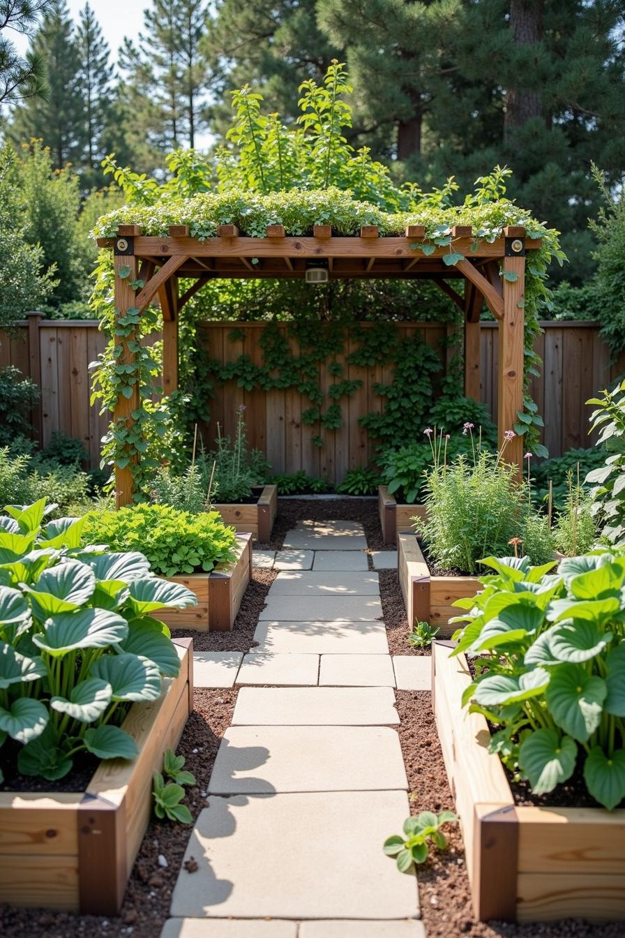 Lush garden path with raised vegetable beds and wooden pergola