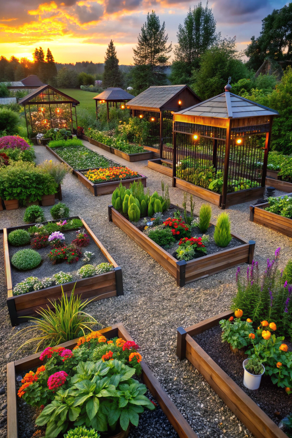 Lush raised beds with colorful flowers and quaint pavilions at sunset