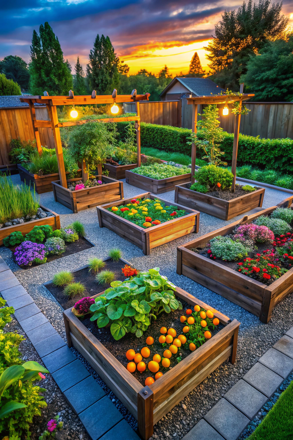 Raised flower beds illuminated at sunset