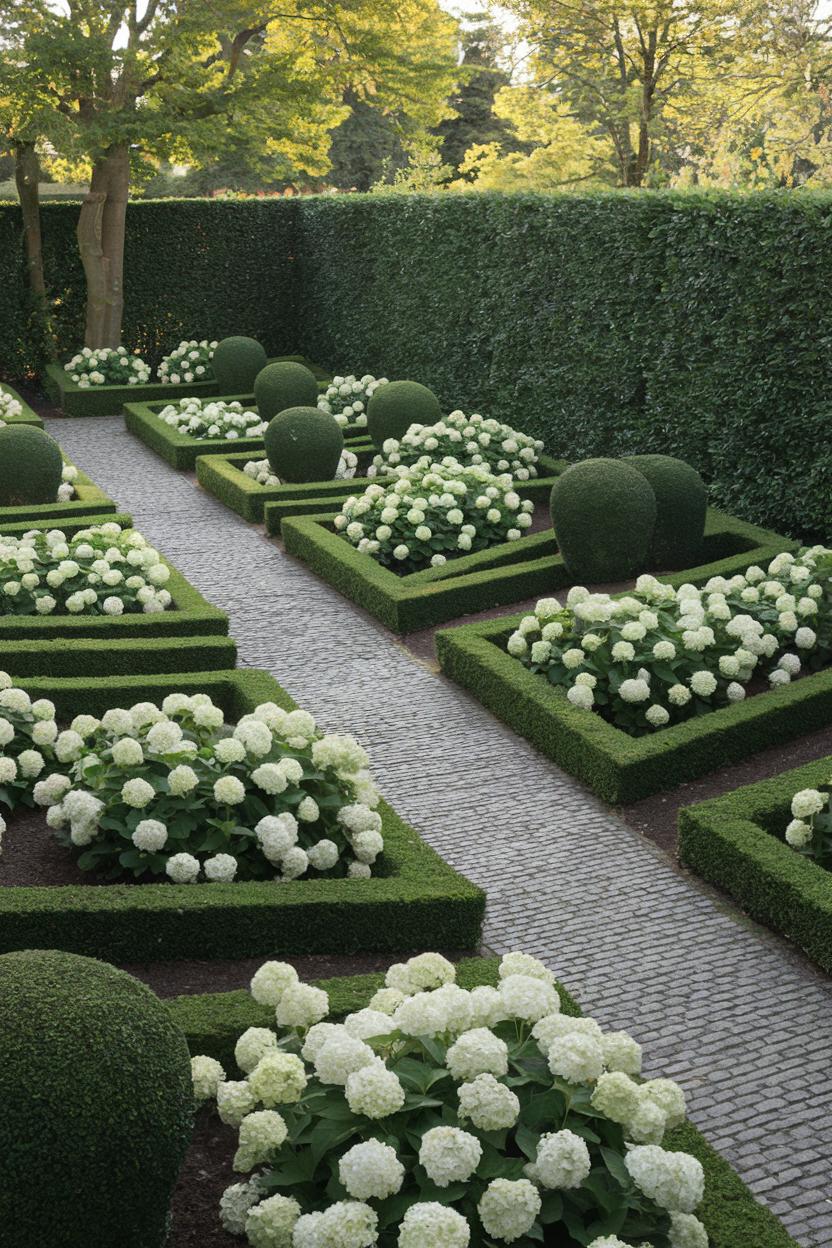 Neatly trimmed boxwood hedges with white hydrangeas