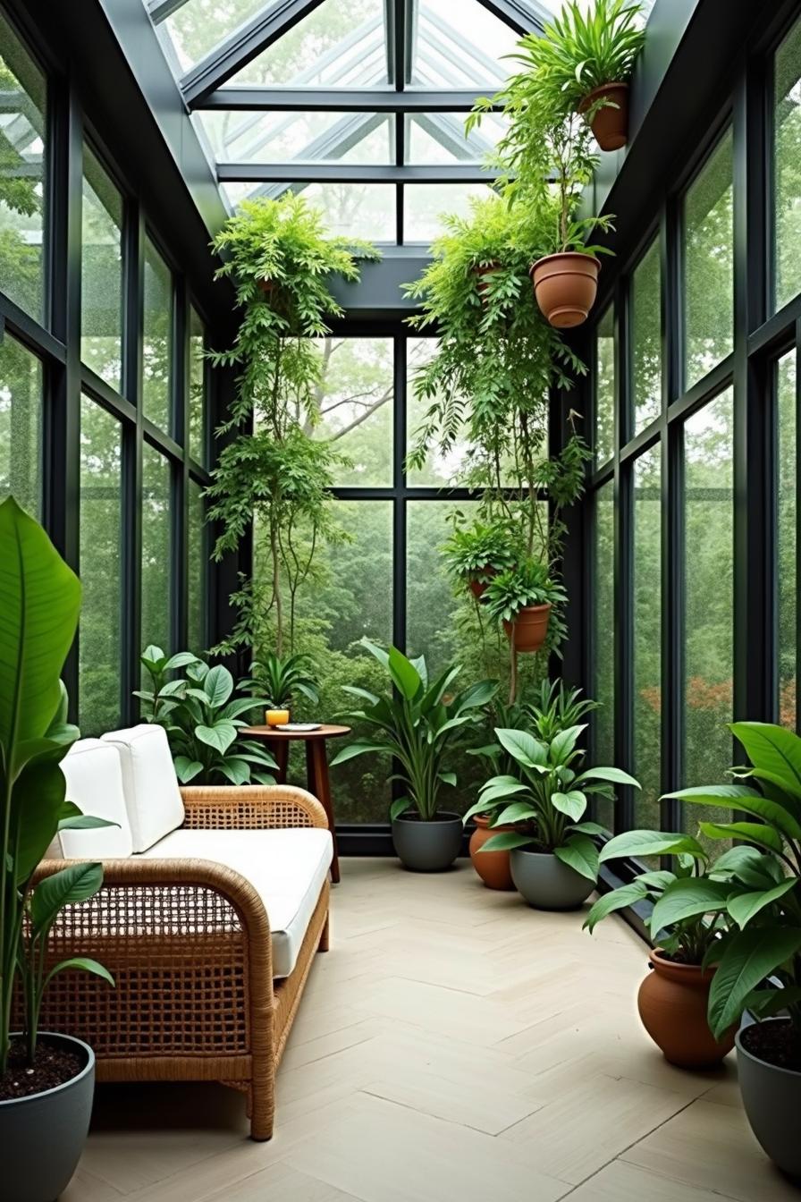 Rattan sofa surrounded by vibrant plants in a glass room