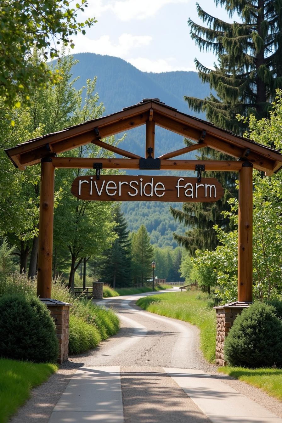 Riverside Farm presents a picturesque entrance characterized by rustic wooden signage that complements the natural landscape. The surrounding