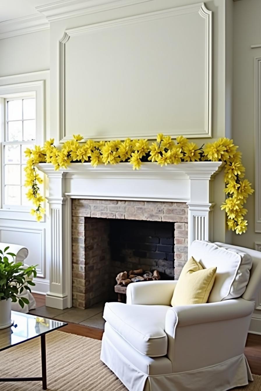 Bright yellow flowers adorn a white mantel above a cozy brick fireplace