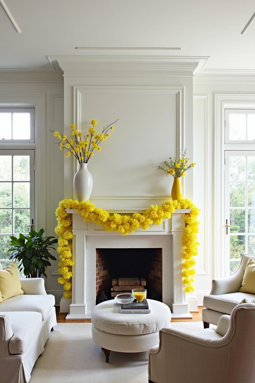 Bright yellow flowers cascade across a mantel