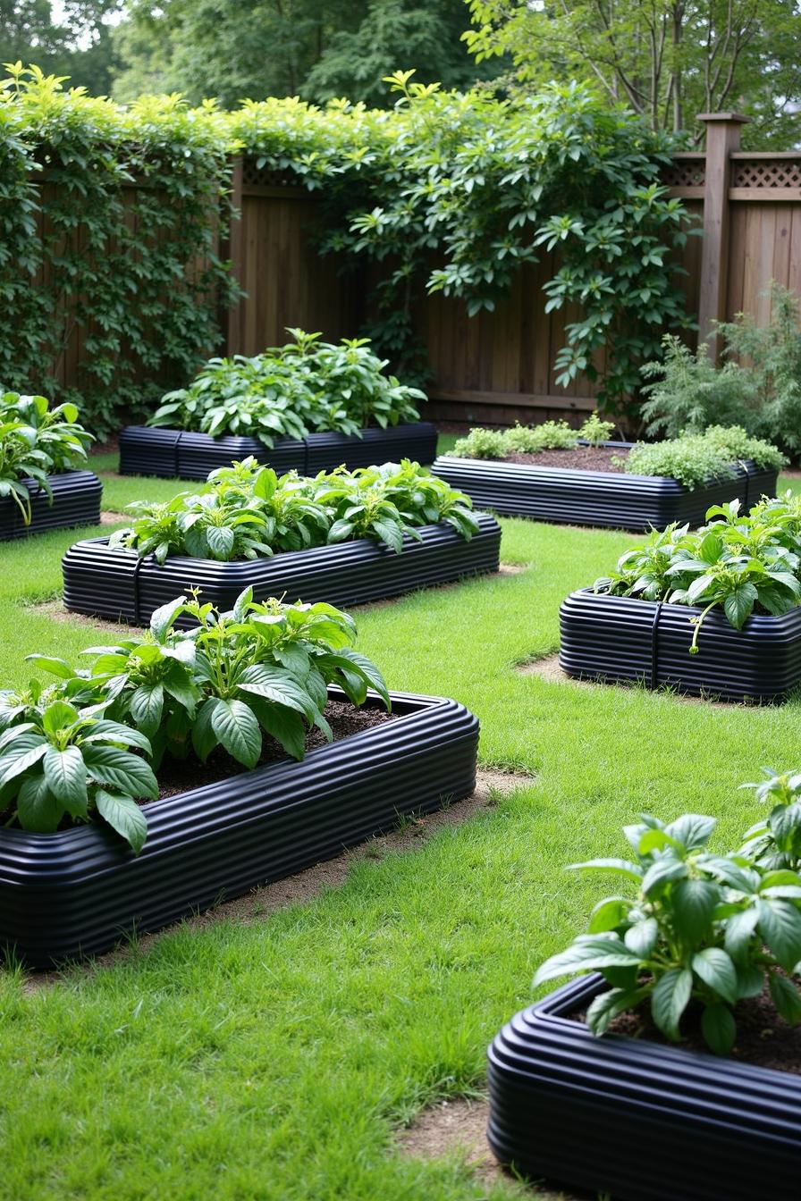 Modern raised garden boxes on lush grass