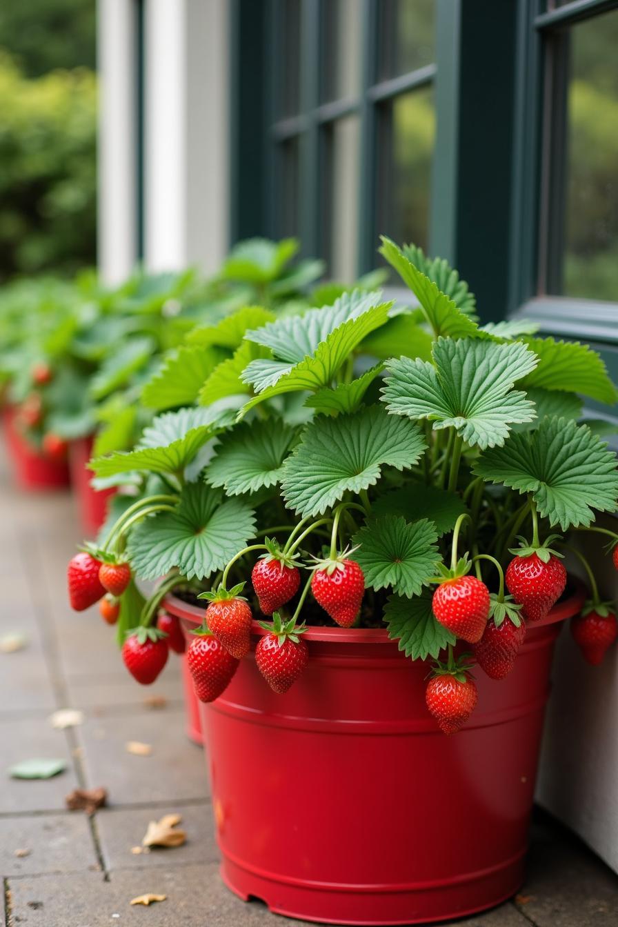 Rows of strawberry plants growing in red pots