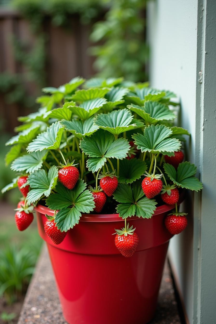 Lush strawberries cascading from a vibrant red pot