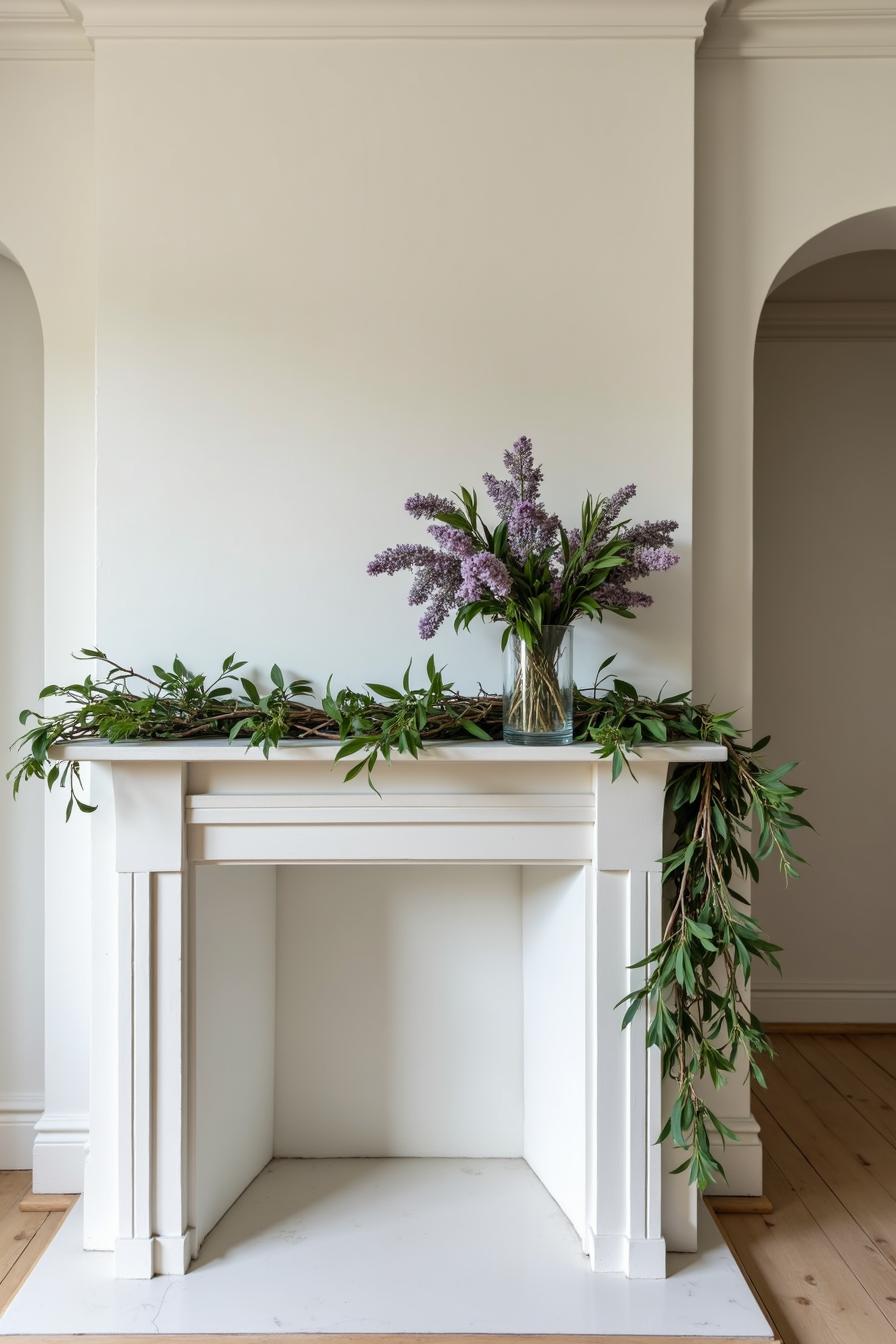 Purple flowers and greenery on a white mantel