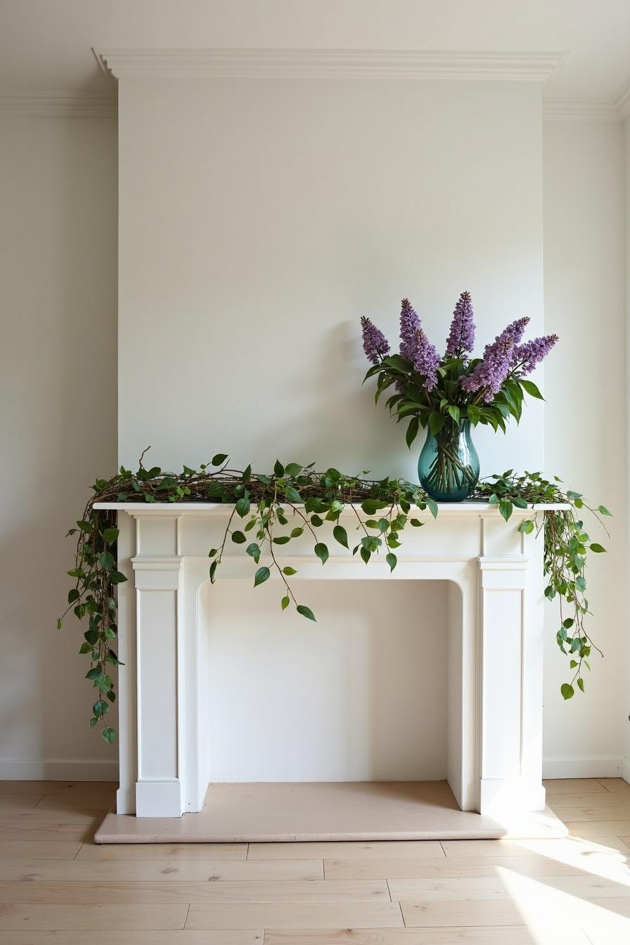 A white mantel with lilac flowers and trailing greenery