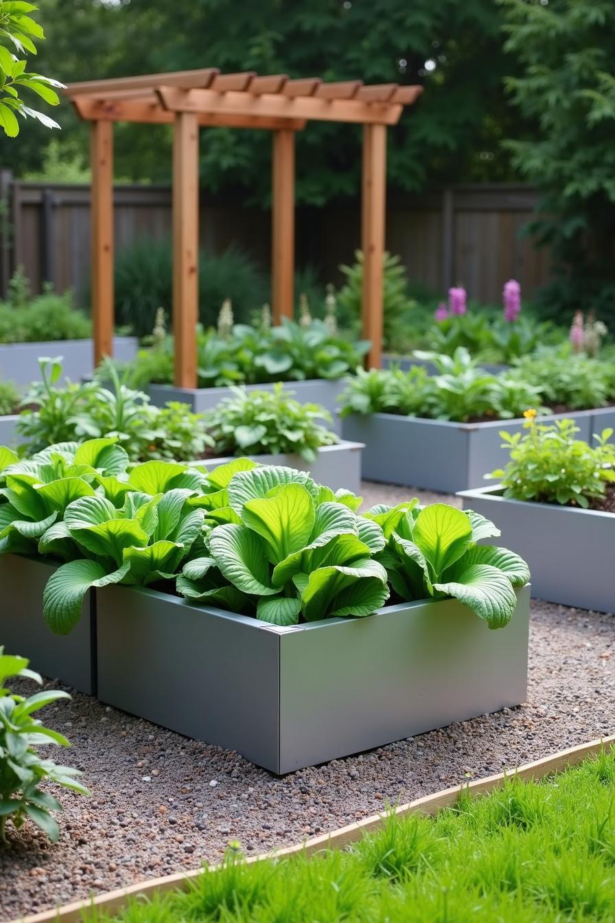 Raised metal garden beds beneath a wooden pergola in a lush backyard