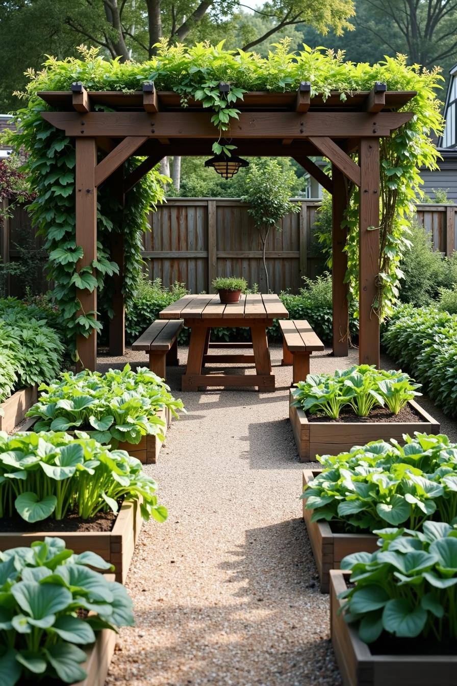 A pergola with lush greenery and vegetable beds