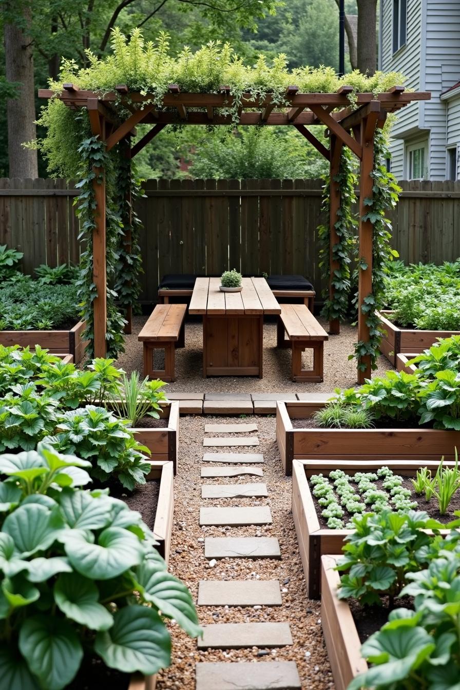 A meticulously organized backyard vegetable garden is arranged in a symmetrical layout conveying an orderly and serene aesthetic. Raised wooden beds