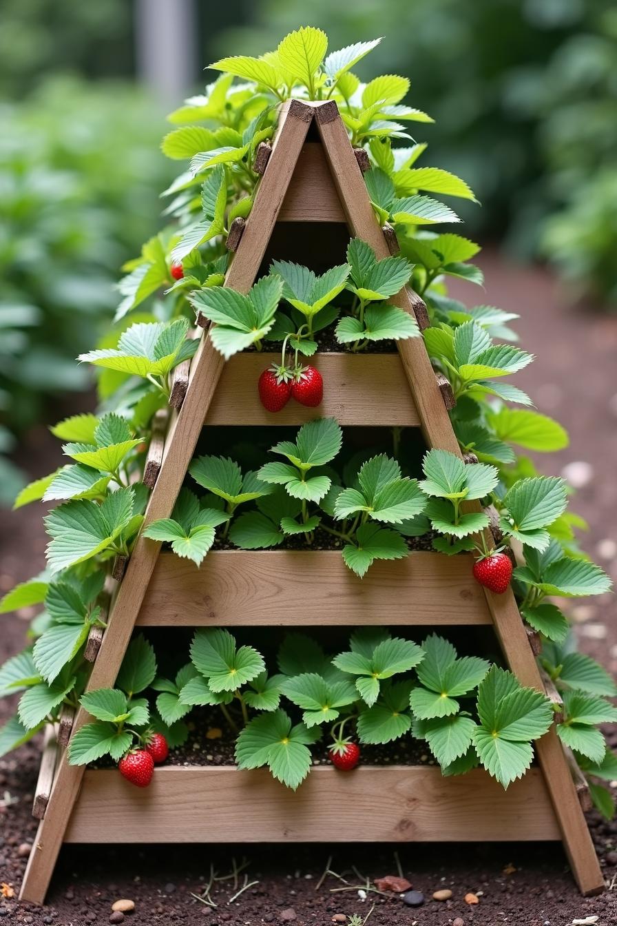 Wooden pyramid brimming with strawberry plants