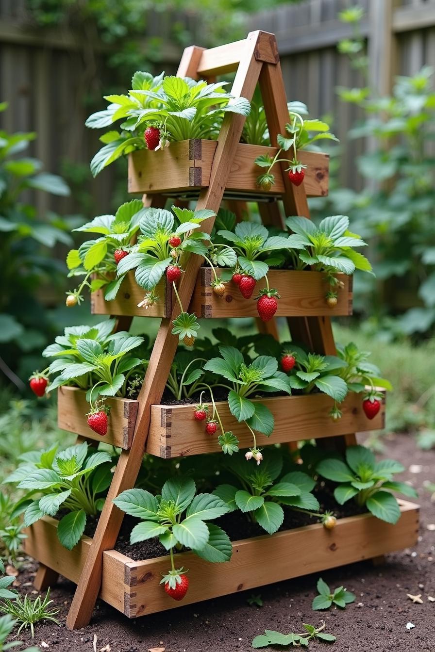 Wooden A-frame with tiers of lush strawberry plants