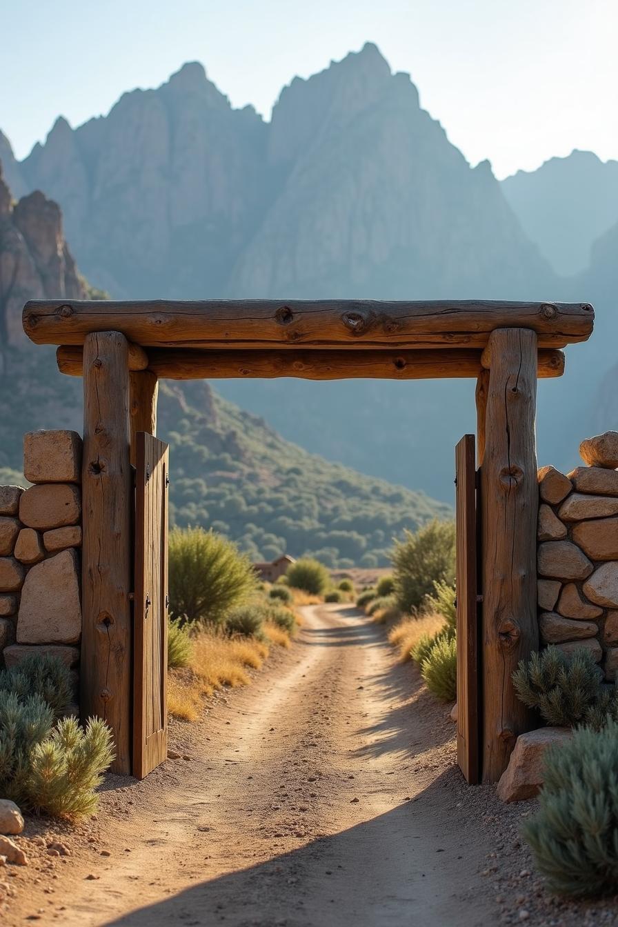 Rustic wooden gate opening to scenic mountain path