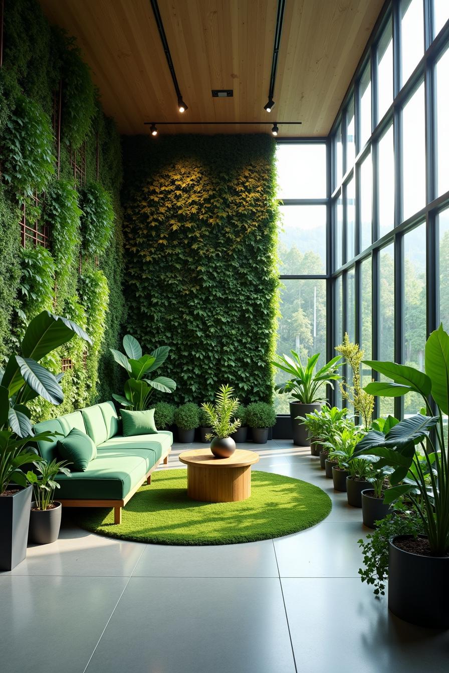 Lush interior lounge with vertical greenery and large windows