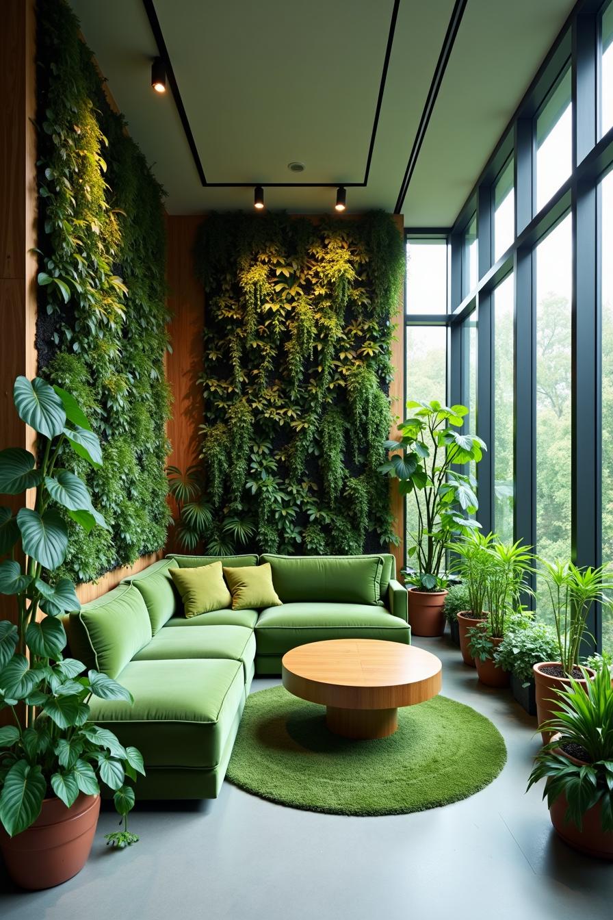 Modern living room with lush vertical garden