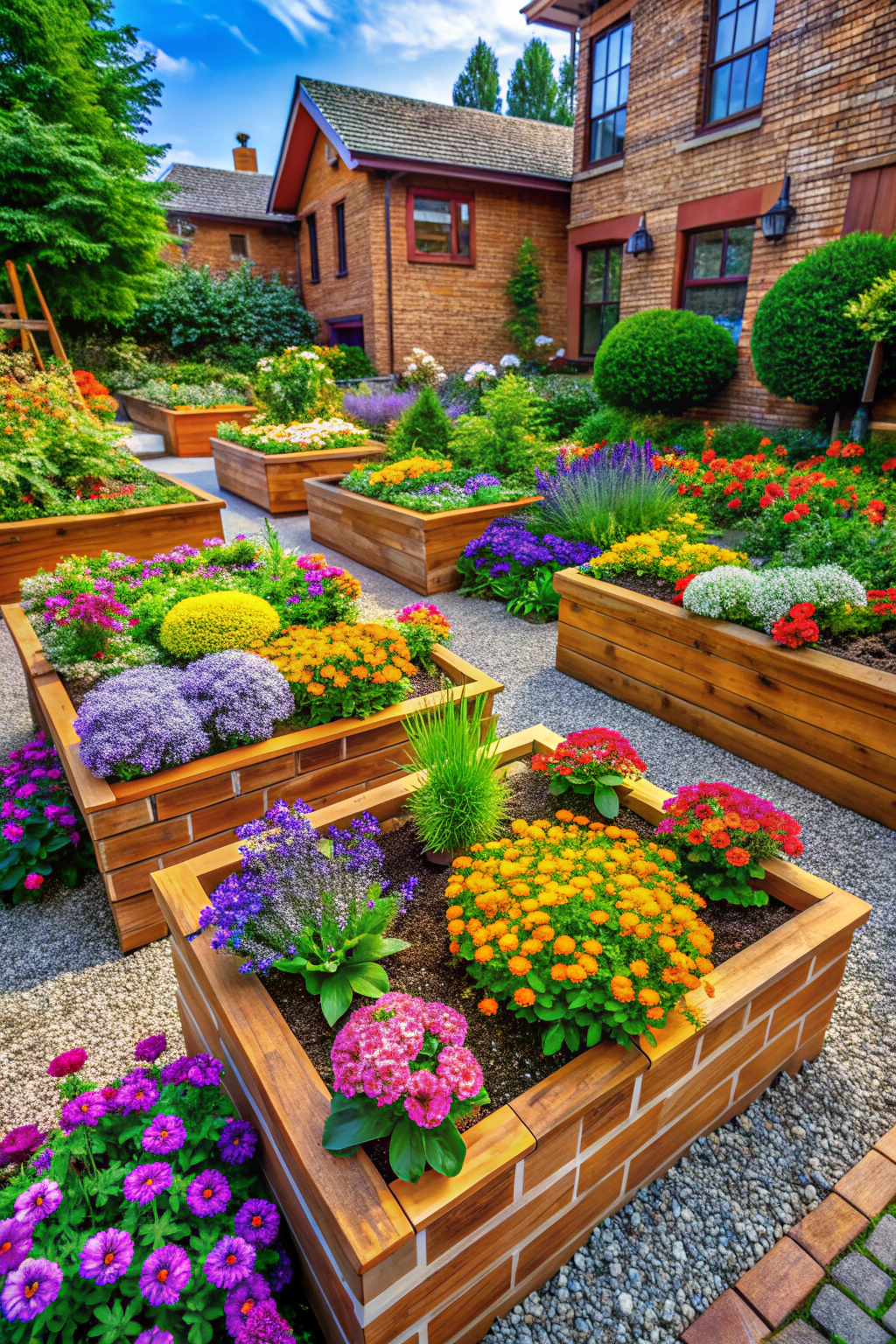 Colorful raised flower beds in a garden