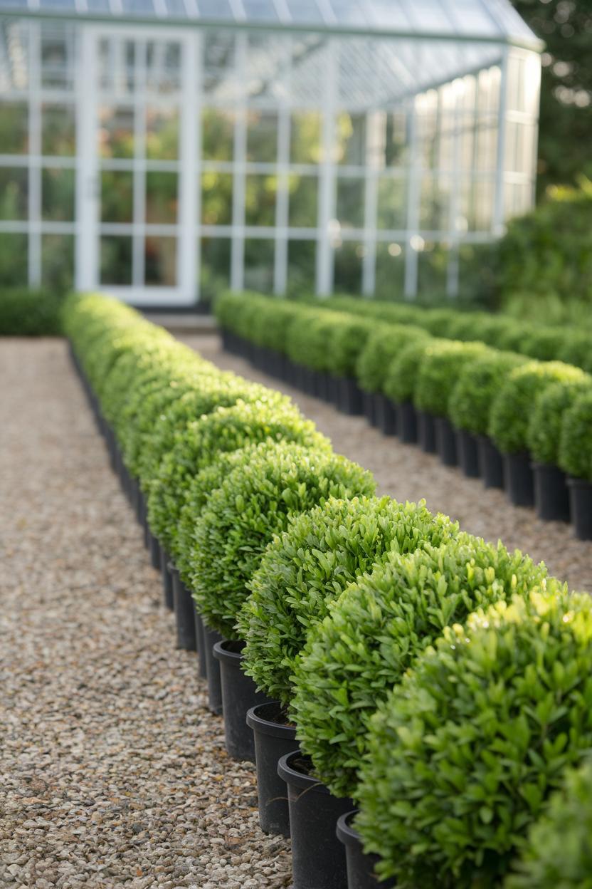 Row of Potted Boxwood Leading to a Glass Greenhouse