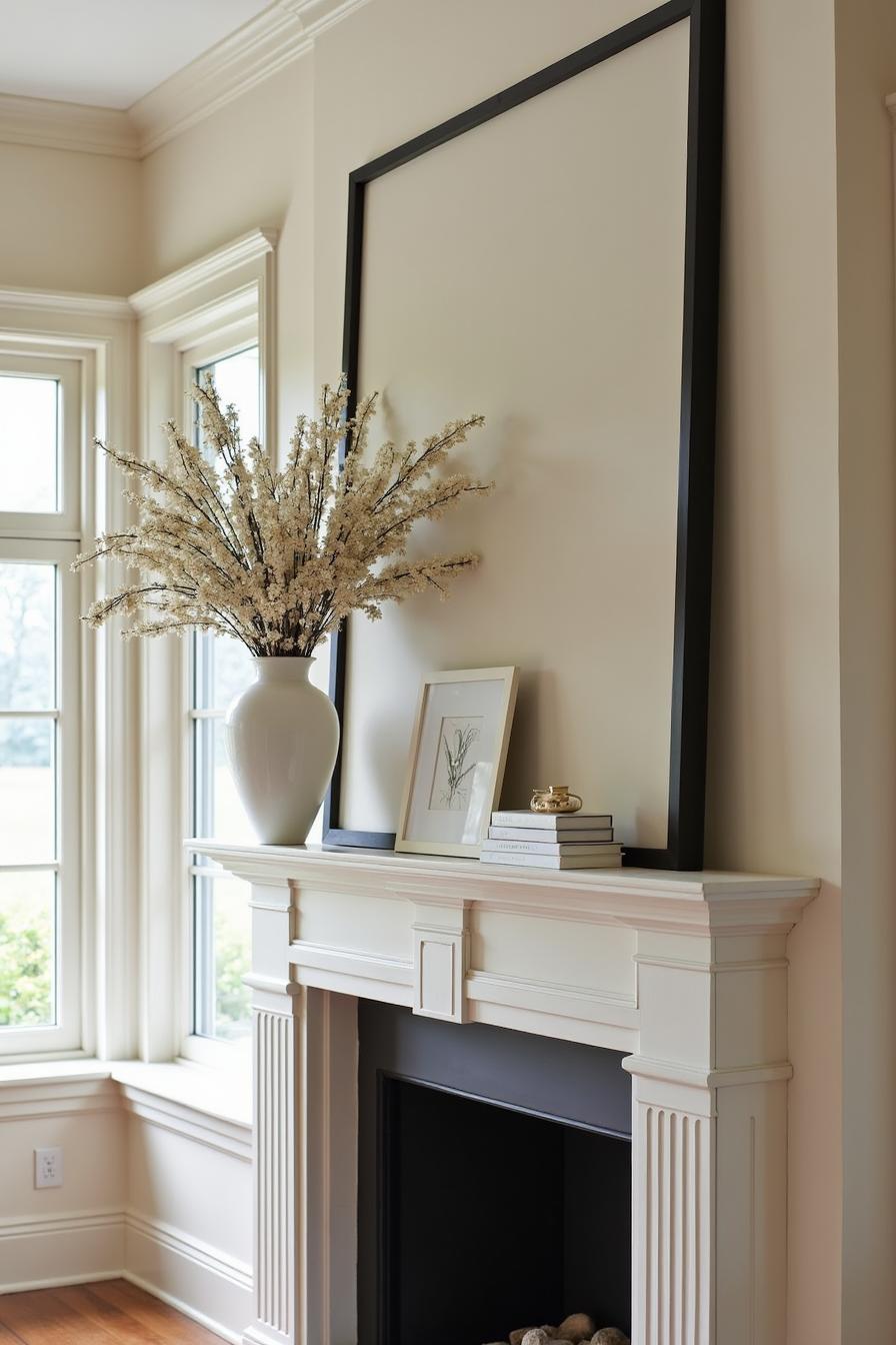 Spring flowers in a large vase on a mantel with minimalist decor