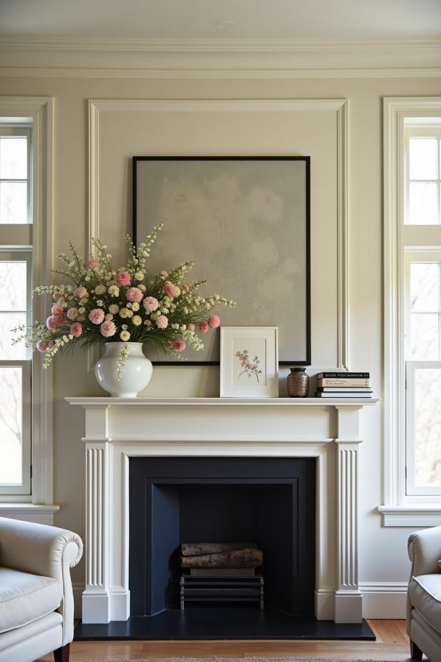 Chic arrangement of spring flowers on a mantel