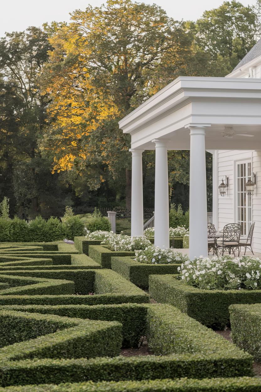 Beautiful symmetry of boxwood hedges near a classical porch