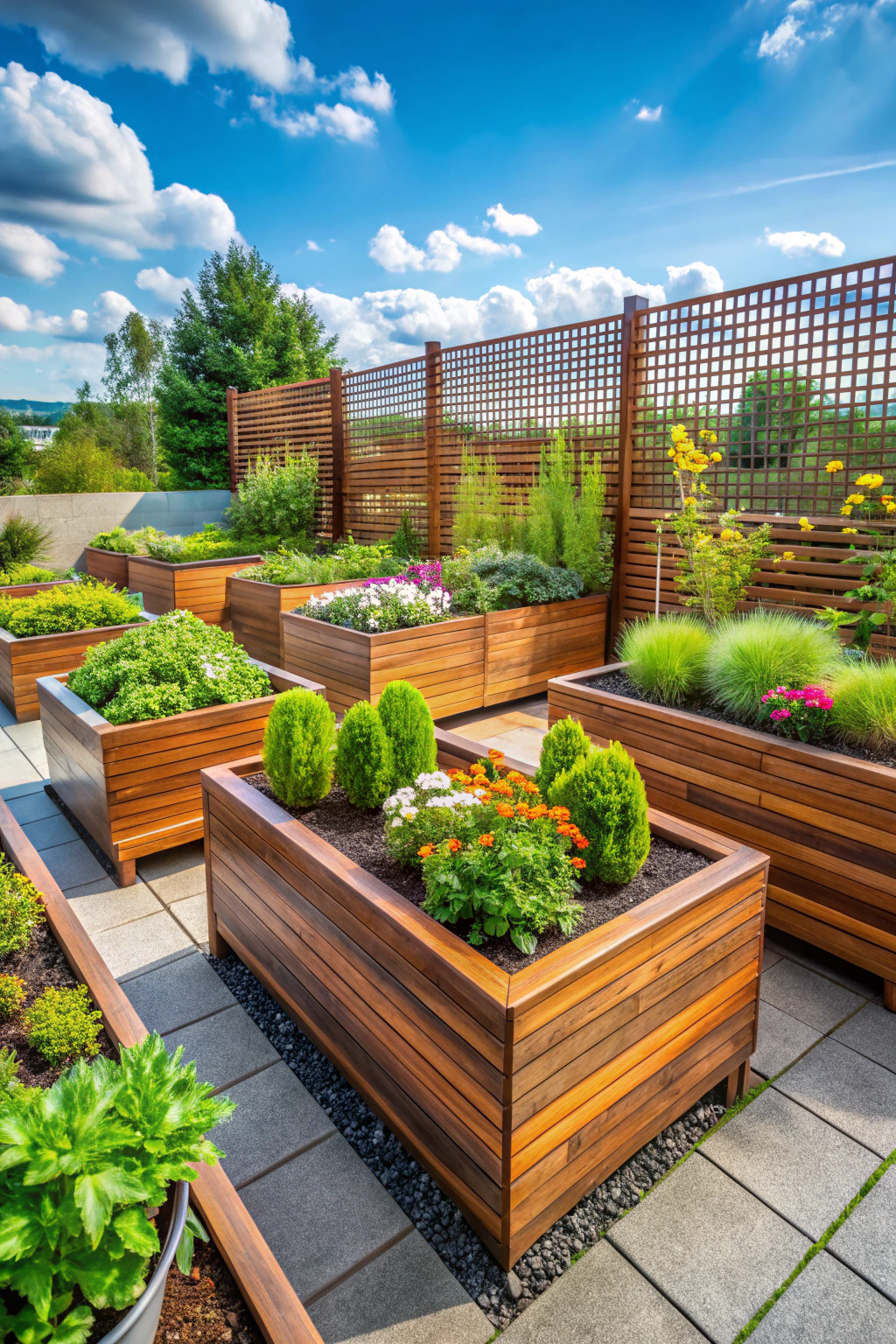 Wooden raised beds with vibrant plants and trellis backdrop