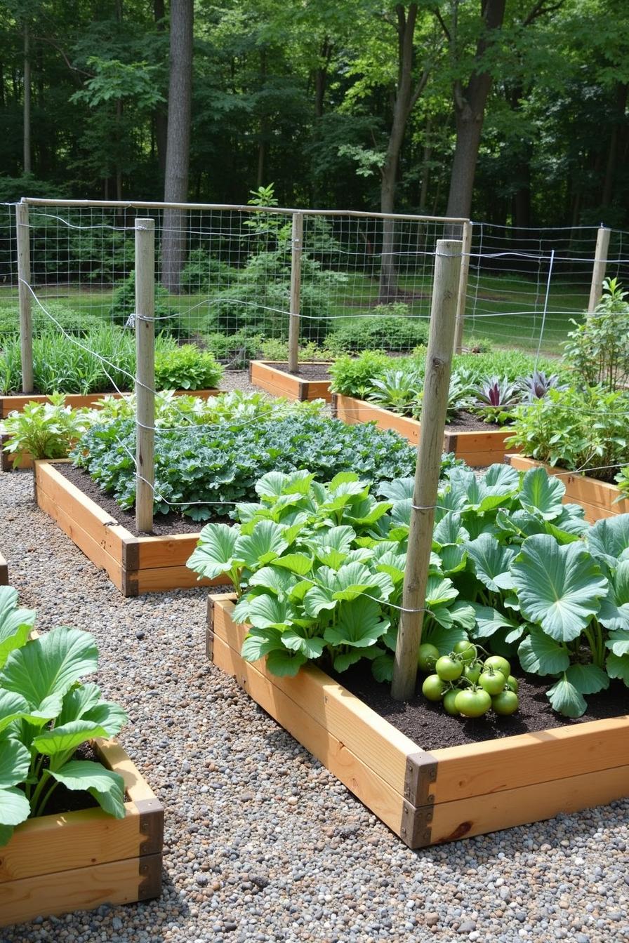 Vibrant vegetable garden with wooden raised beds