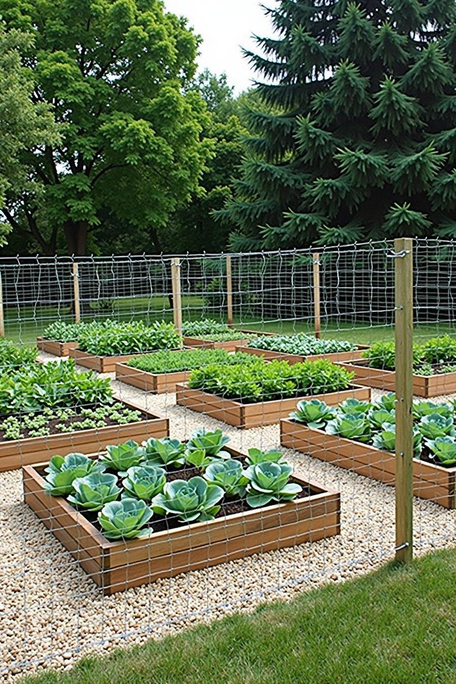 Raised vegetable beds surrounded by a wire fence