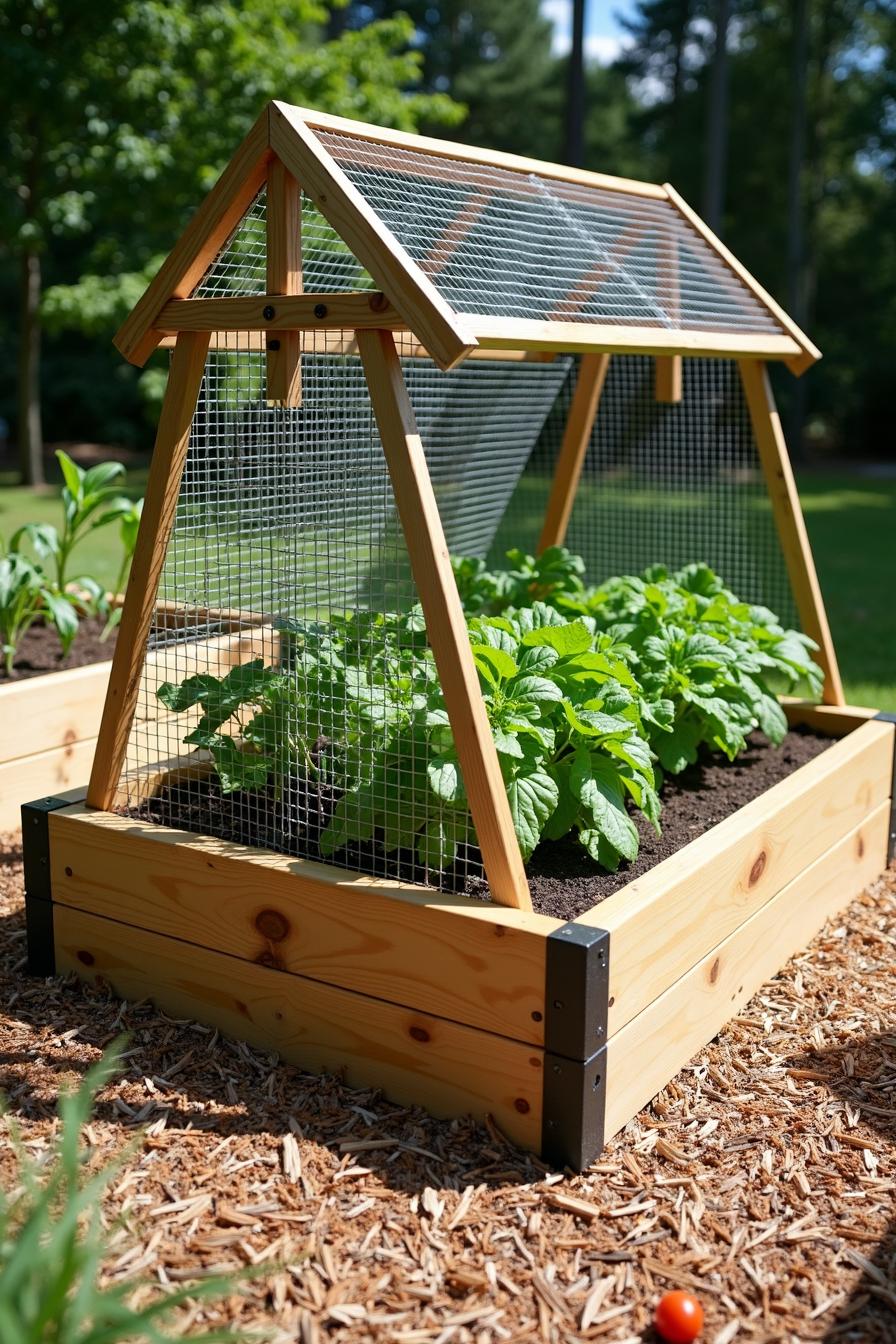 Raised wooden garden bed with mesh cover