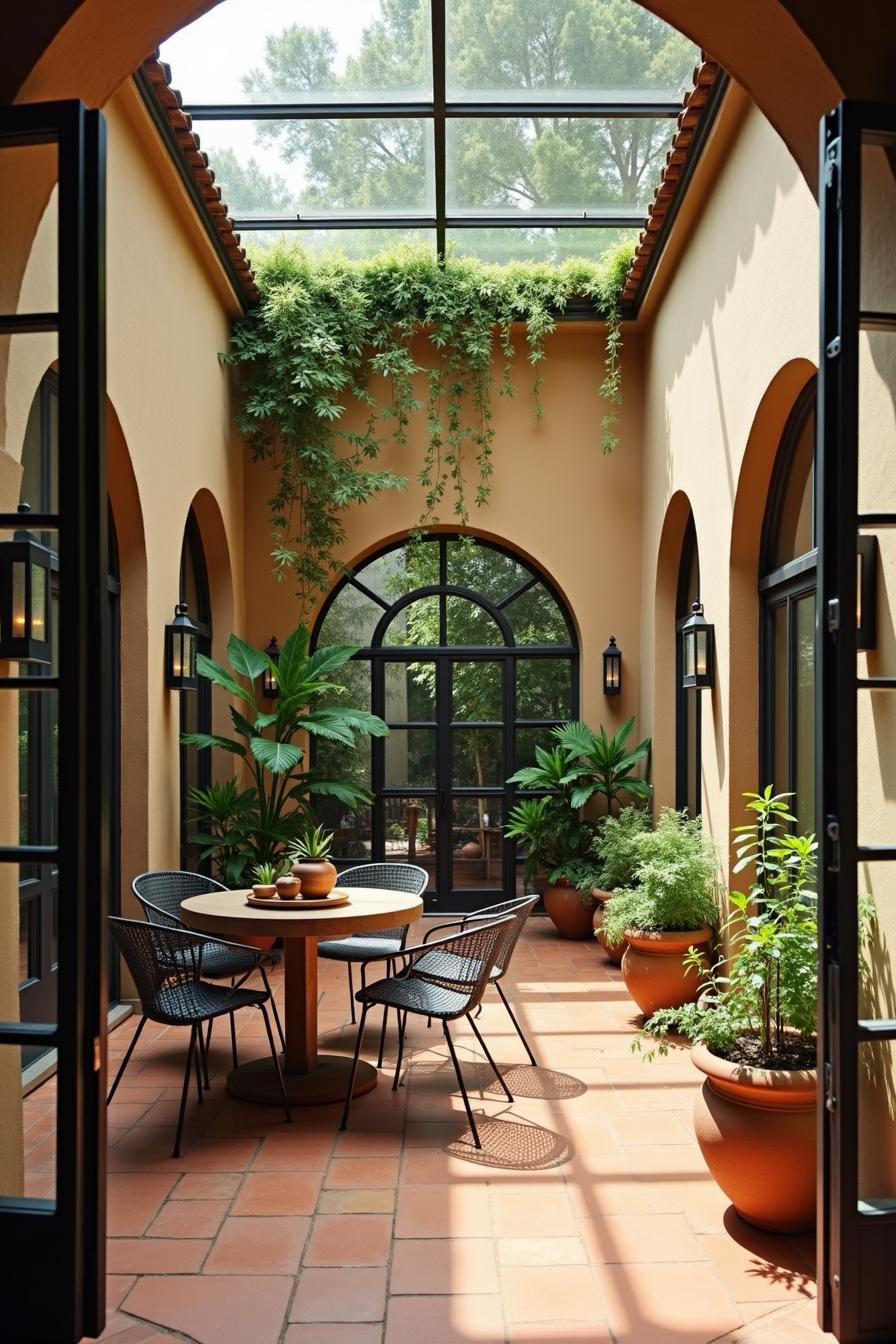 Cozy indoor patio with potted plants and seating