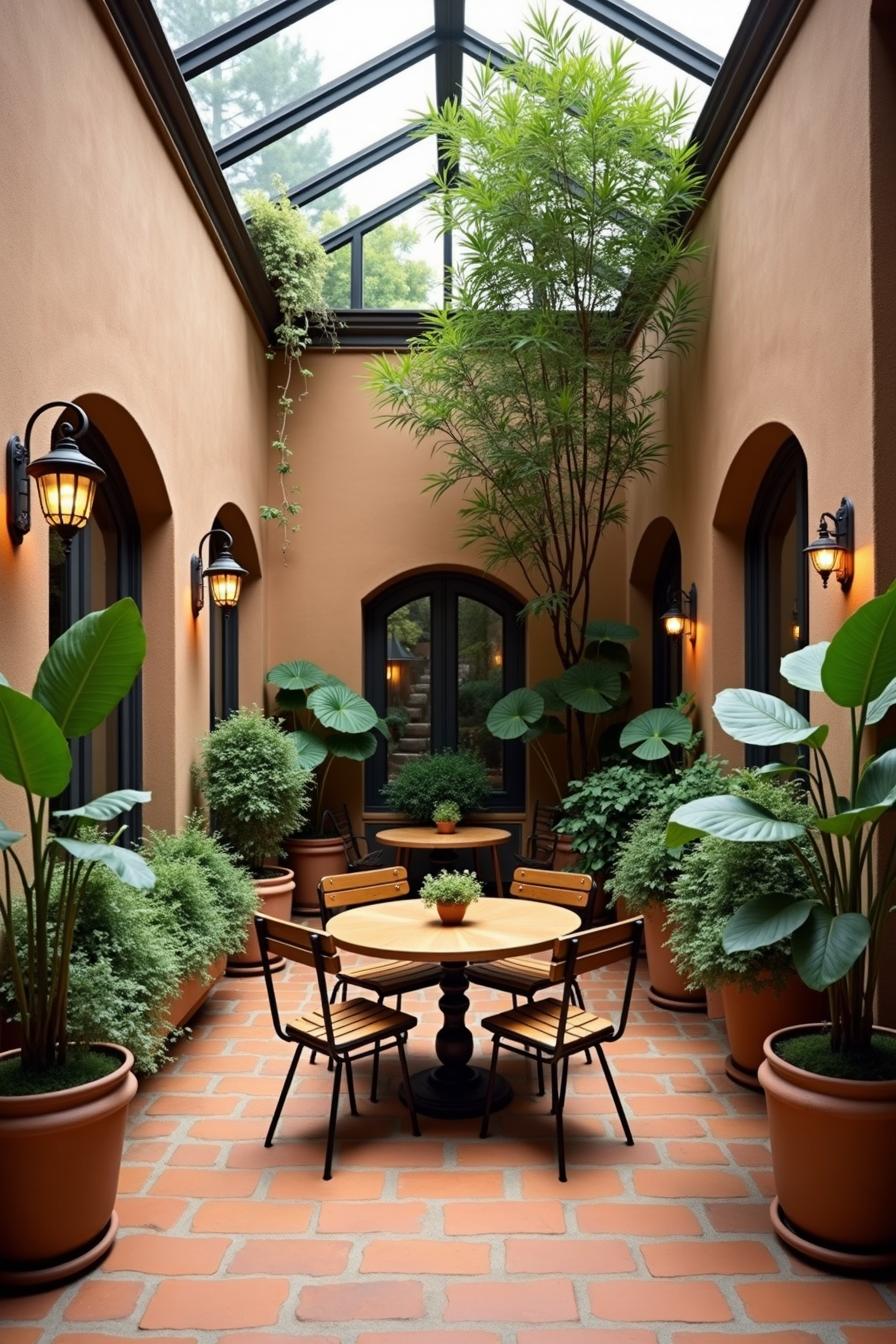 Cozy atrium with terracotta tiles, greenery, and bistro tables