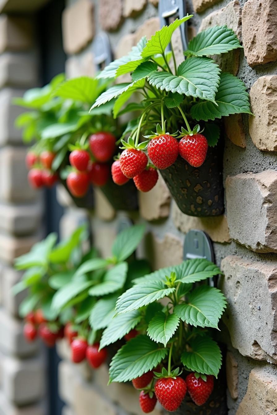 Strawberry plants growing on a brick wall