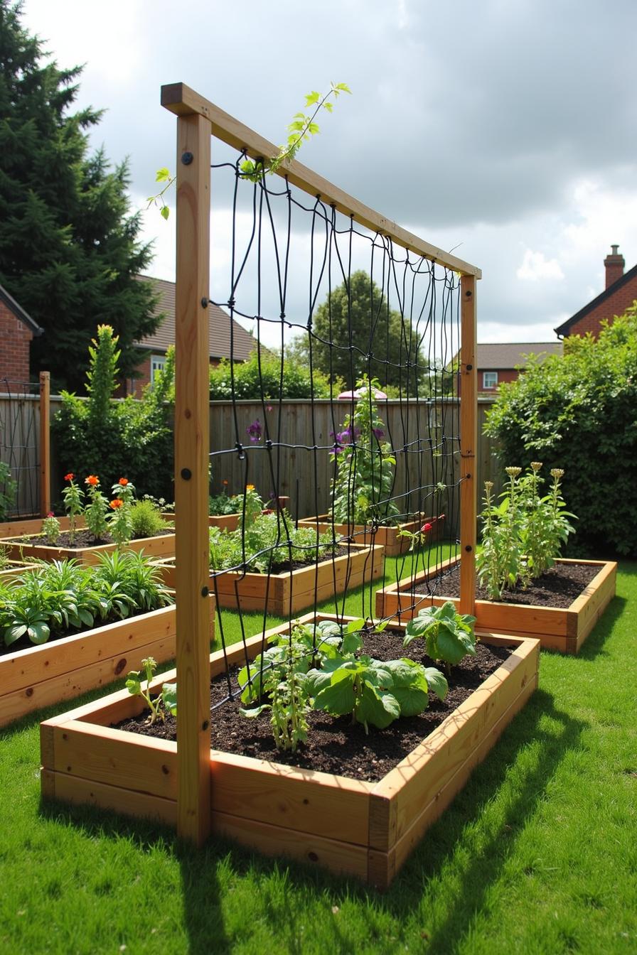 Wooden raised beds with climbing plants