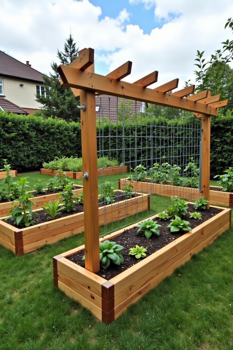 Wooden raised garden beds with lush greenery