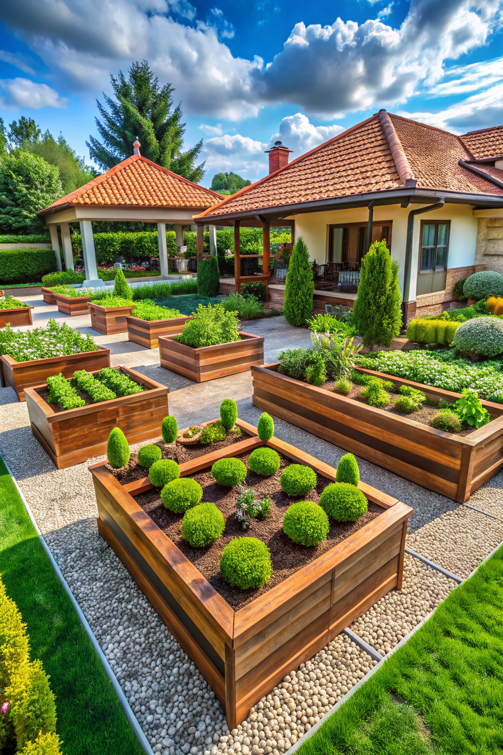 Elevated garden beds with lush greenery in a courtyard