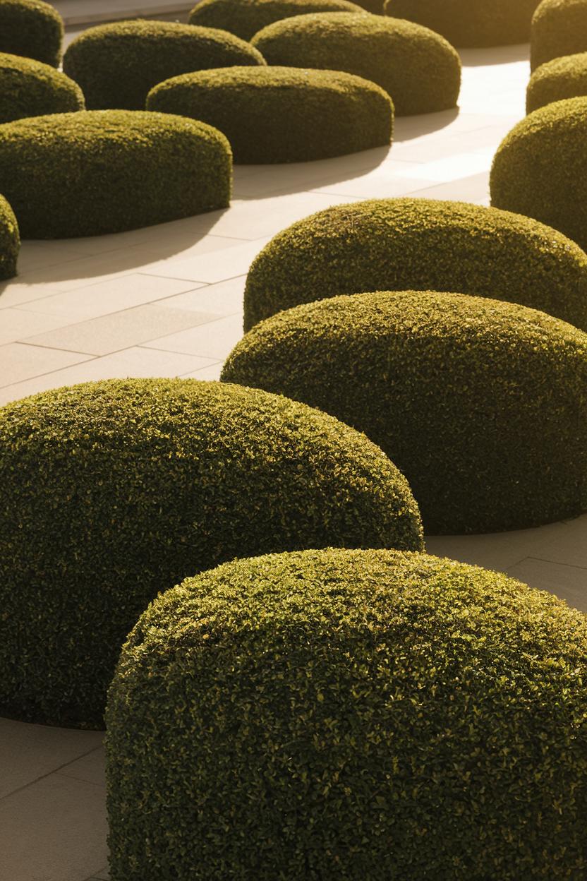 Round boxwood hedges on a sunlit patio