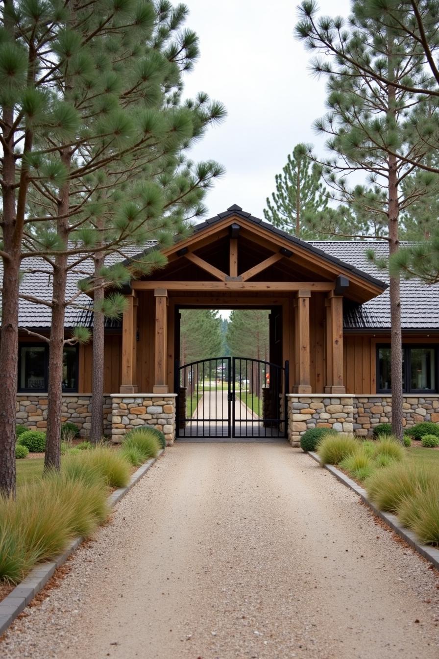 Charming farm entrance with wooden beams and stone columns