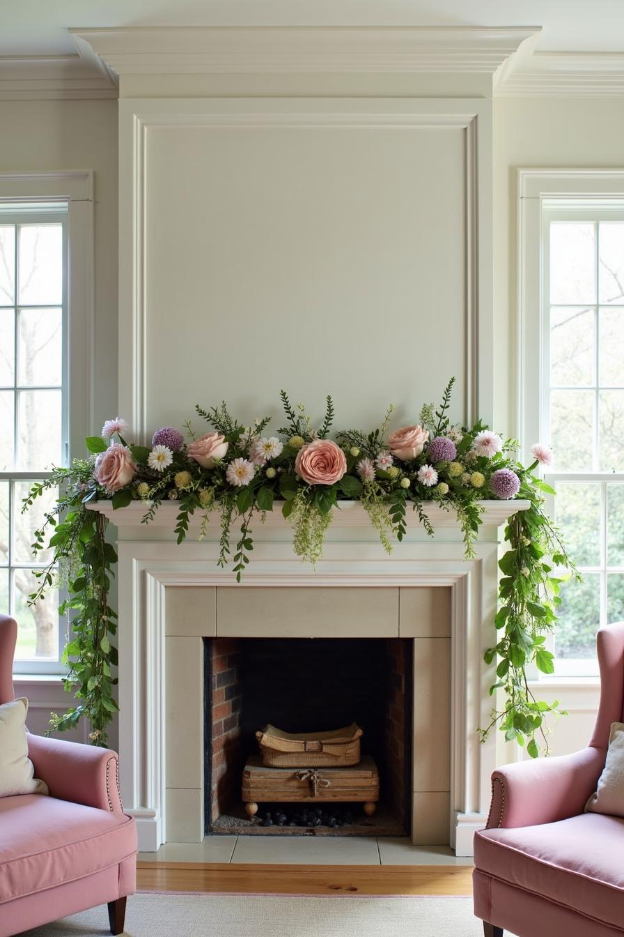 Spring mantel adorned with cascading greenery and pastel blooms