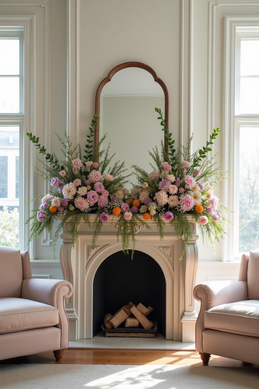 Spring flowers on a fireplace mantel with large mirror