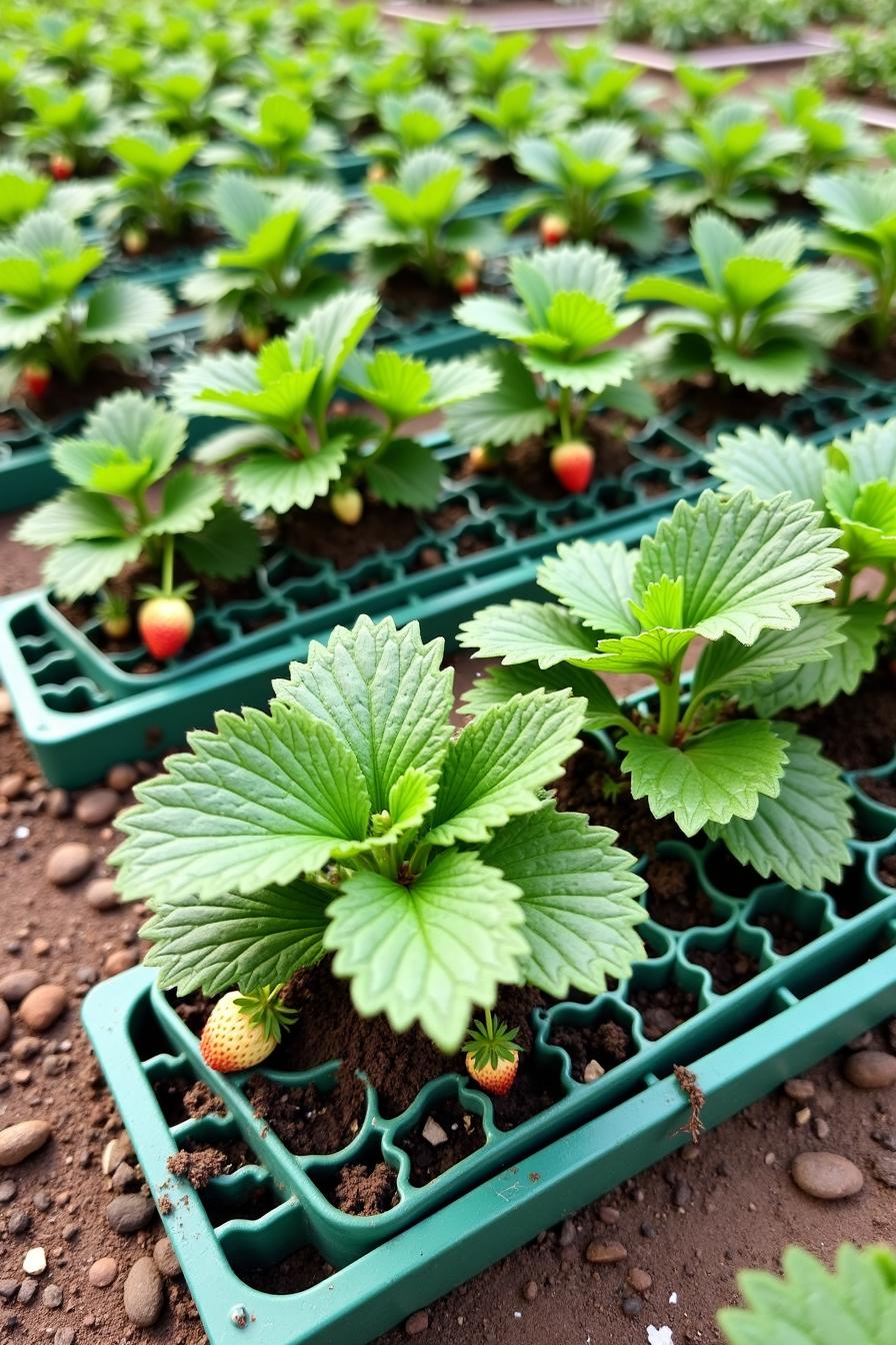 Fresh strawberries growing neatly in planter trays