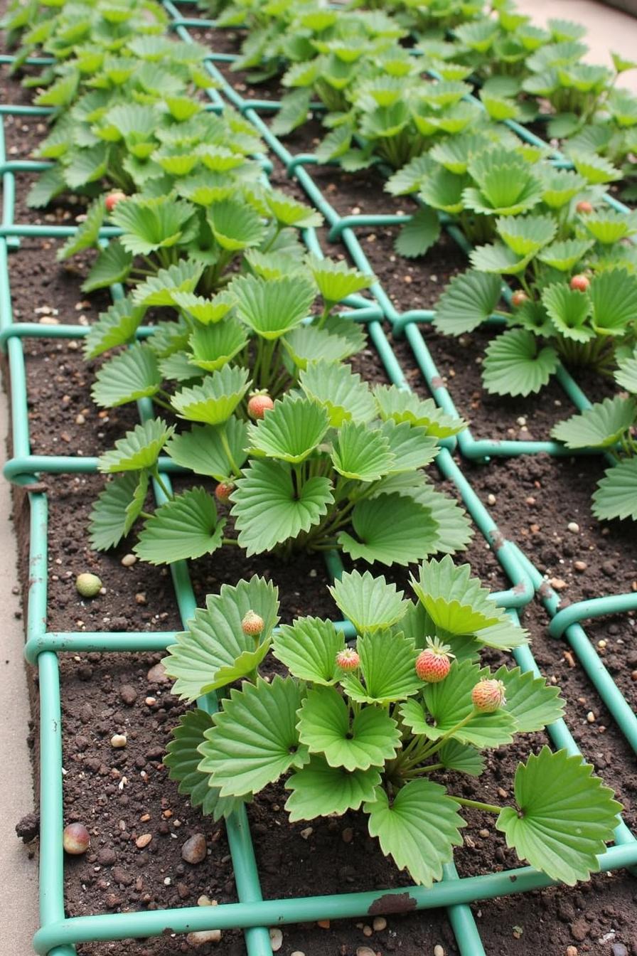 Neat rows of strawberry plants in a garden grid