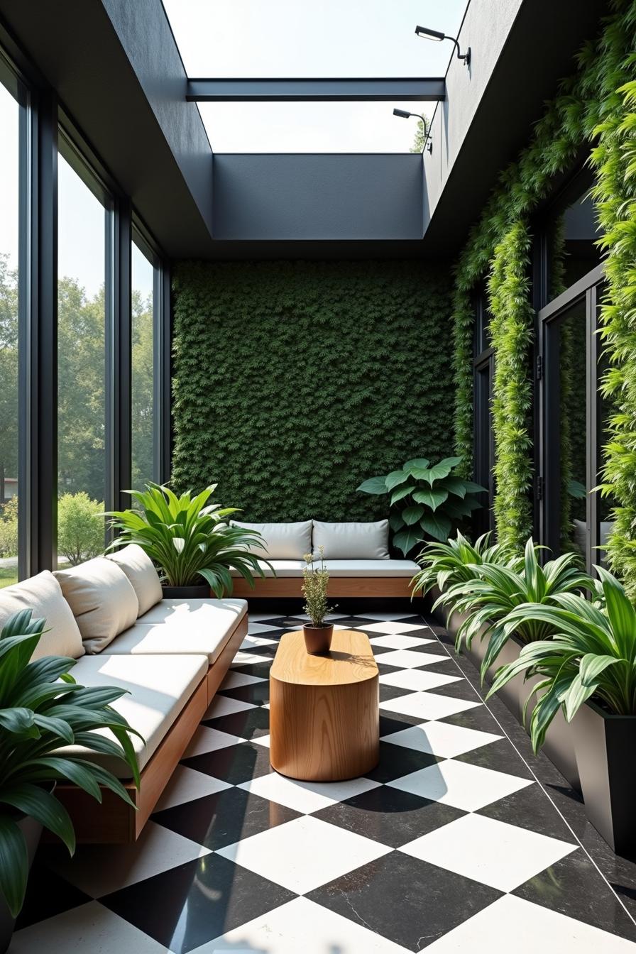 Modern lounge with checkered flooring and lush plants