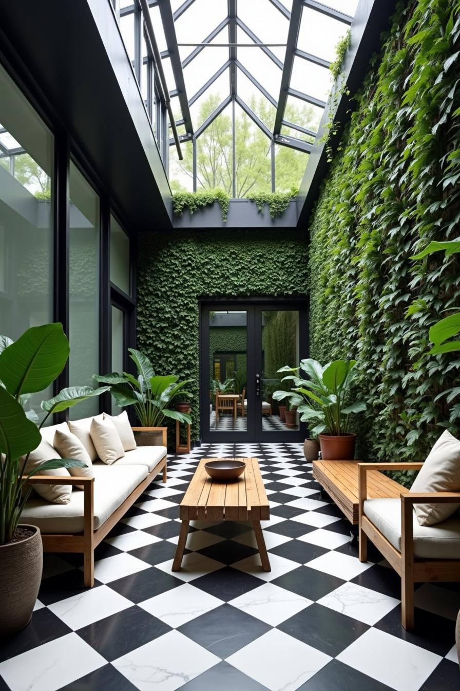 Sunlit garden area with checkered floor tiles and lush green walls